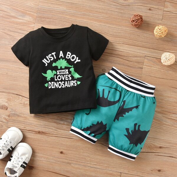 

Baby Boy Cartoon & Letter Tee & Striped Shorts, Multicolor