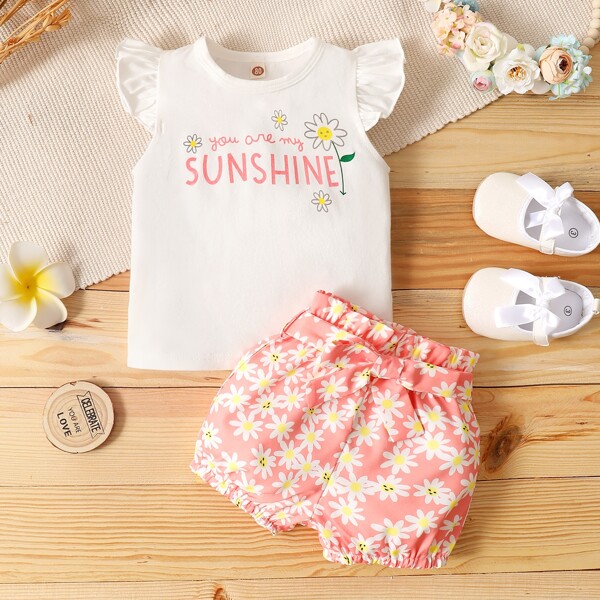 

Baby Girl Letter Ruffle Tank Top & Floral Belted Shorts, Multicolor