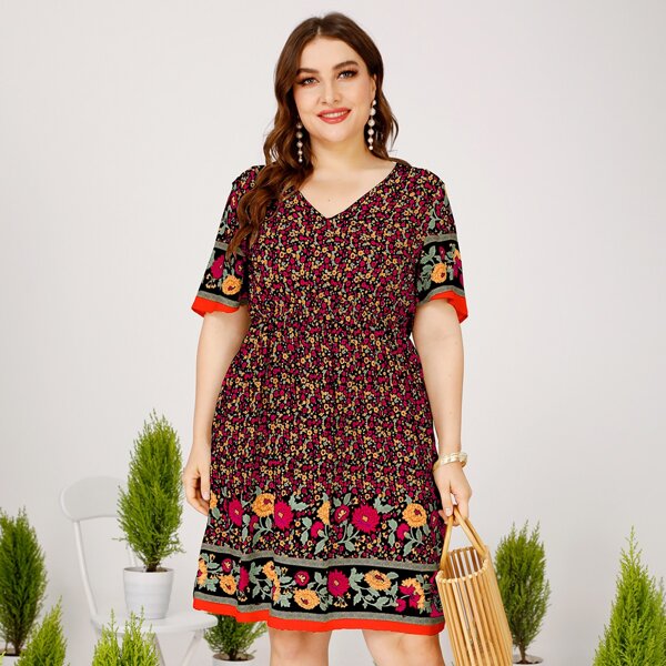

Plus Floral V-neck A-line Dress, Multicolor