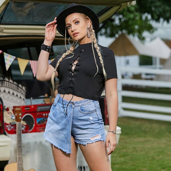 

Plus Lace Up Front Top, Black