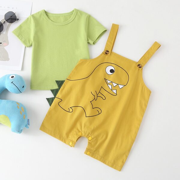

Baby Boy Solid Tee With Cartoon Overall Romper, Multicolor