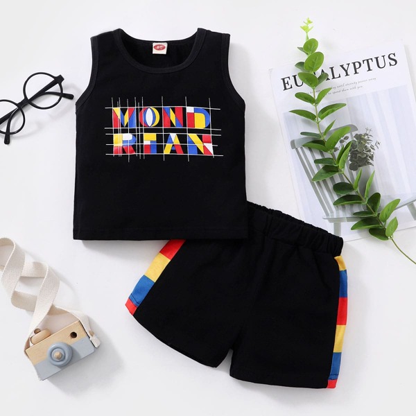 

Baby Boy Letter Graphic Tank Top With Shorts, Black