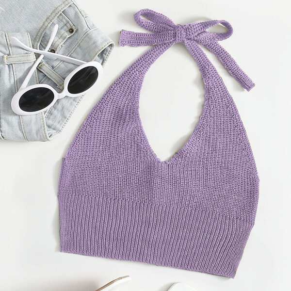 

Halter Neck Button Detail Knit Top, Lilac purple