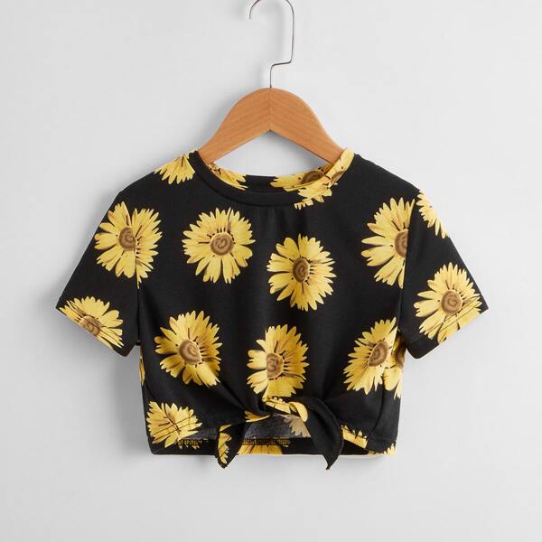

Girls Knot Hem Sunflower Print Top, Multicolor