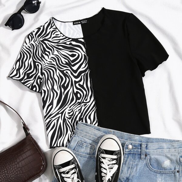 

Lettuce Trim Zebra Stripe Crop Tee, Black and white