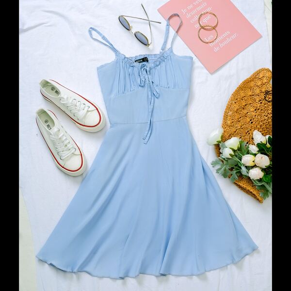 

Tie Front Ruched Bust Shirred Back Frill Trim Cami Dress, Baby blue