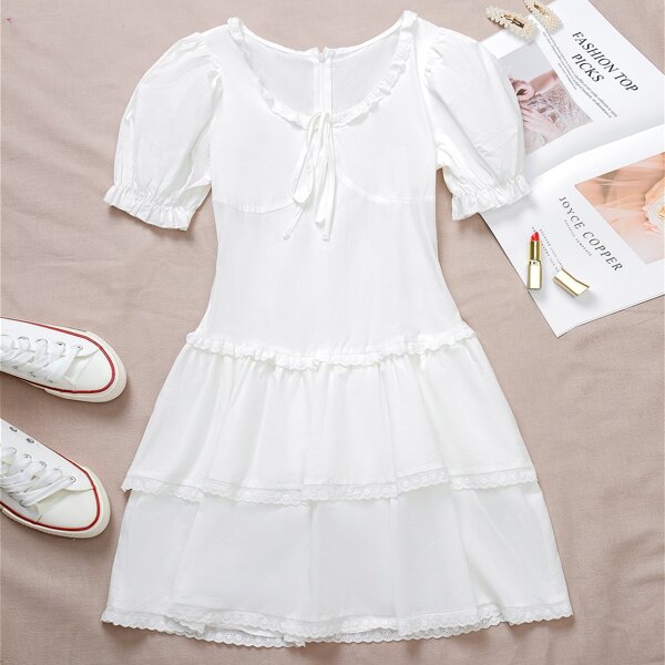 

Puff Sleeve Tie Front Eyelet Embroidery Layered Hem Dress, White