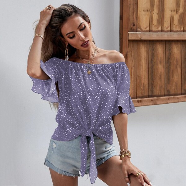 

Polka Dot Knot Hem Bardot Blouse, Mauve purple