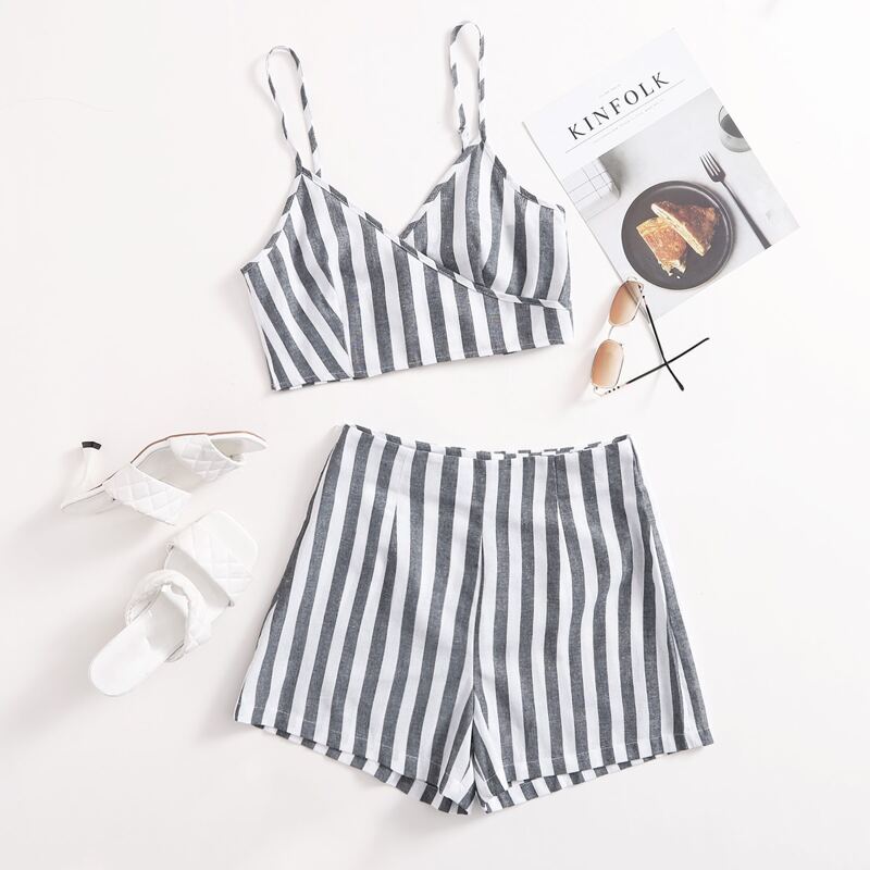 

Tied Back Cami Top & Striped Shorts Set, Blue and white