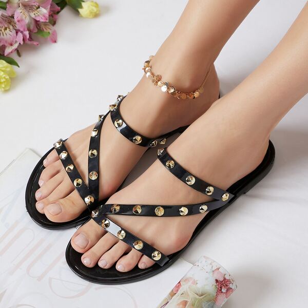 

Studded Strappy Jelly Sandals, Black