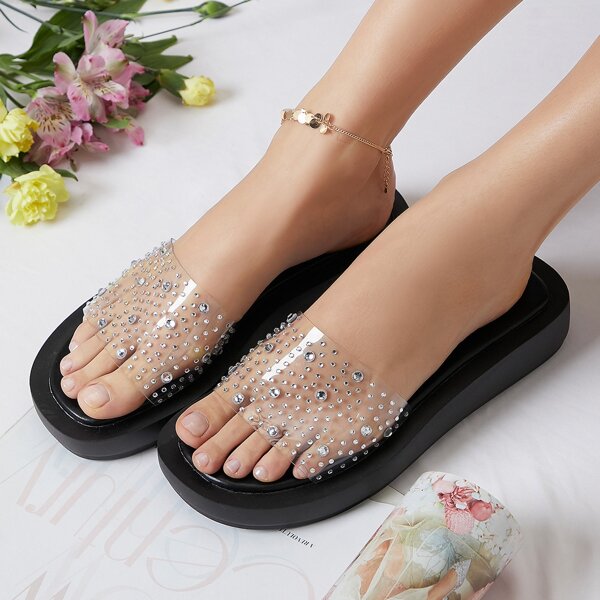 

Rhinestone Transparent Vamp Platform Sandals, Clear