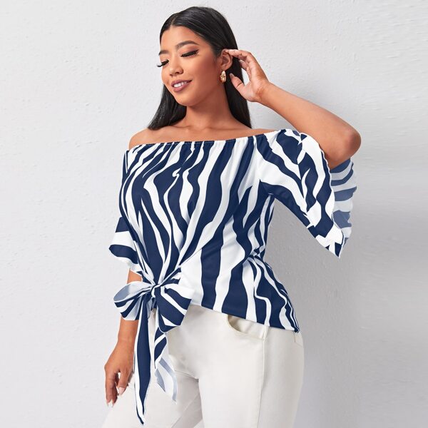 

Plus Striped Tie Front Off The Shoulder Blouse, Blue and white