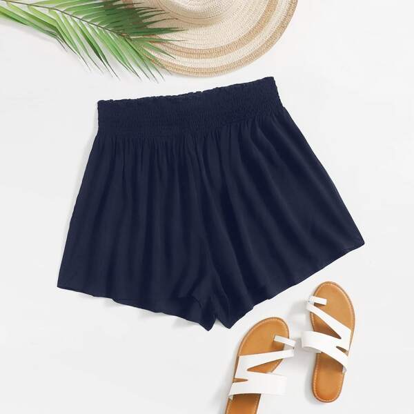 

Plus Solid Shirred Wide Waist Shorts, Navy blue
