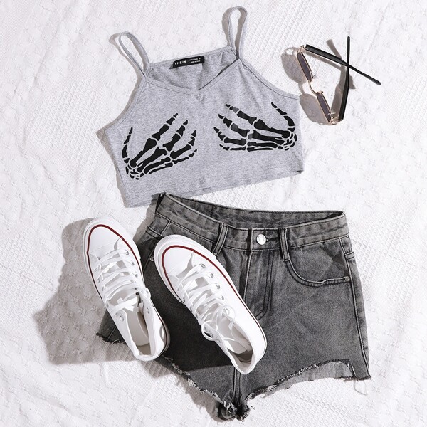 

Halloween Print Crop Cami Top, Grey