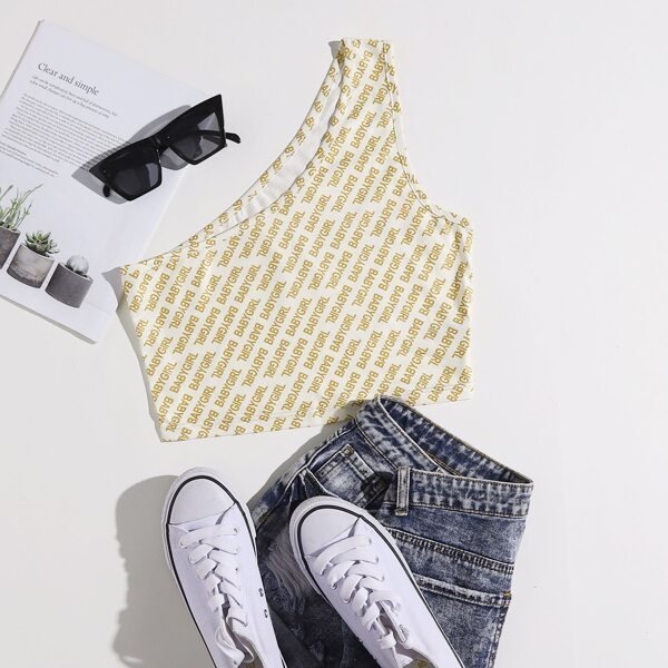 

Allover Letter Print One Shoulder Crop Top, Yellow