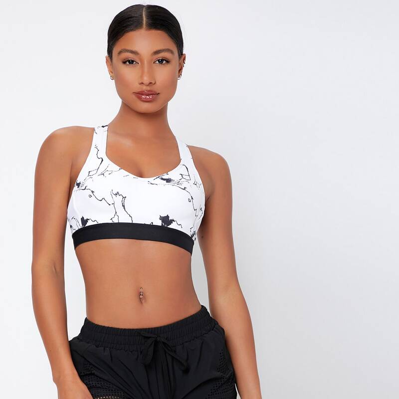 

Graphic Print Cut Out Back Sports Bra, Black and white