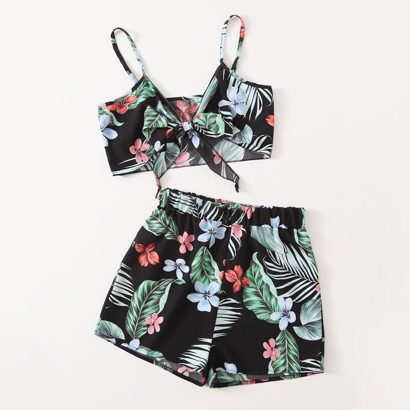

Tropical Leaf Print Cami & Shorts, Multicolor