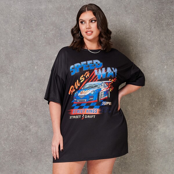 

Plus Drop Shoulder Car & Letter Graphic Tee, Black