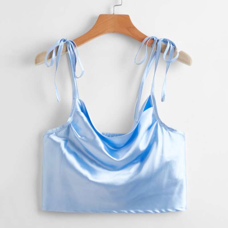

Satin Tie Shoulder Crop Cami, Baby blue