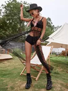 SHEIN Swim 星星圖案網紗罩衫 - 黑色 - 查看 4