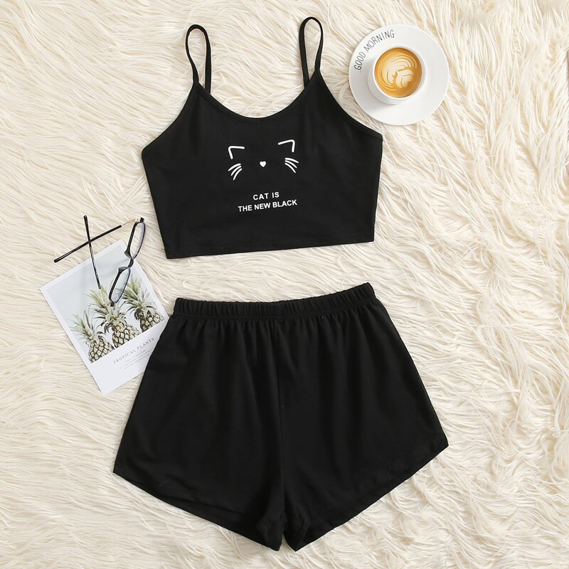 

Slogan Graphic Cami Pajama Set, Black