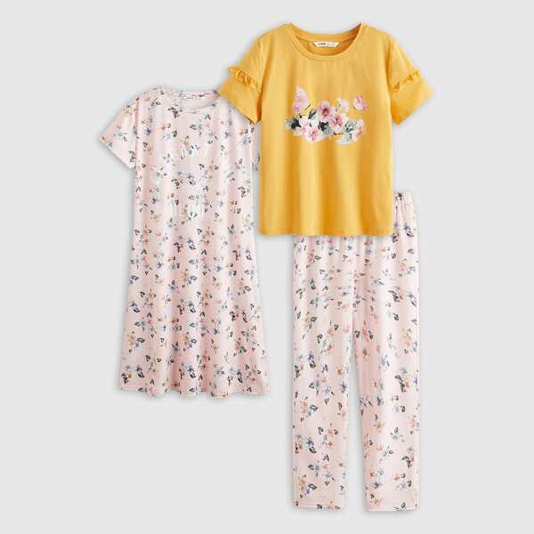 

Girls Floral Top & Pants Set With Dress, Multicolor
