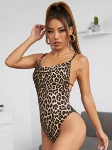 SHEIN BAE O形環條帶露背豹紋連體衣 - 彩色 - 查看 2