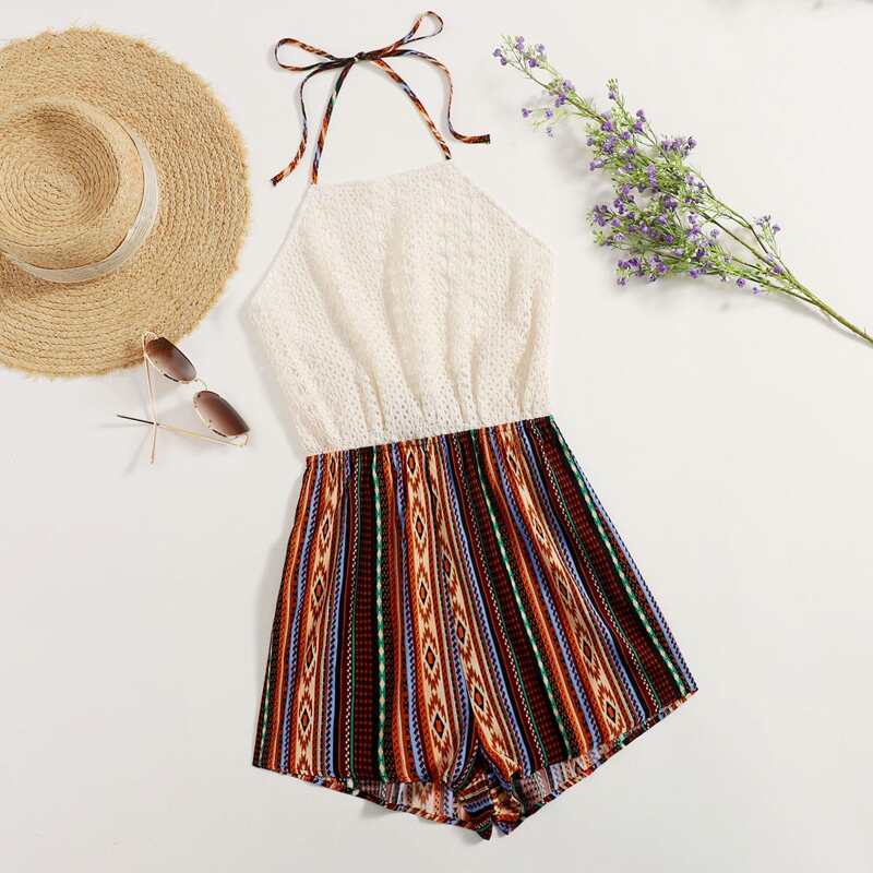 

Tied Open Back Striped Halter Romper, Multicolor