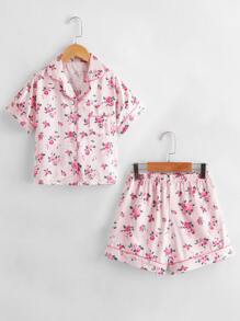 Girls Floral Print Satin PJ Set - Baby Pink - View 1