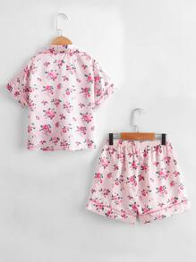Girls Floral Print Satin PJ Set - Baby Pink - View 2
