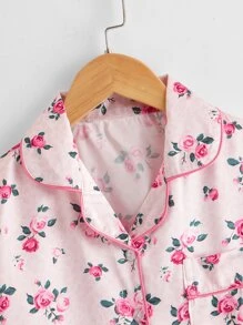 Girls Floral Print Satin PJ Set - Baby Pink - View 8