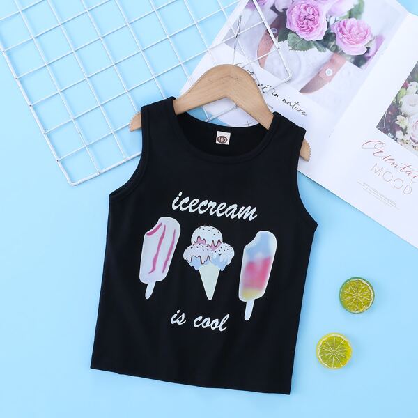

Toddler Girls Ice Cream And Slogan Graphic Tank Top, Black