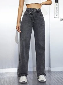 Jeans escalonado cintura de pierna ancha - Gris Oscuro - Ver 3