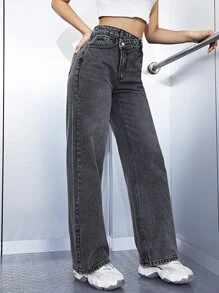Jeans escalonado cintura de pierna ancha - Gris Oscuro - Ver 4