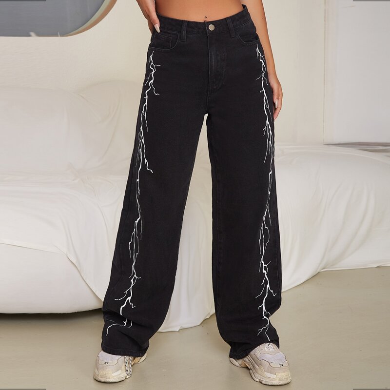 

High Waist Lightning Print Wide Jeans, Black