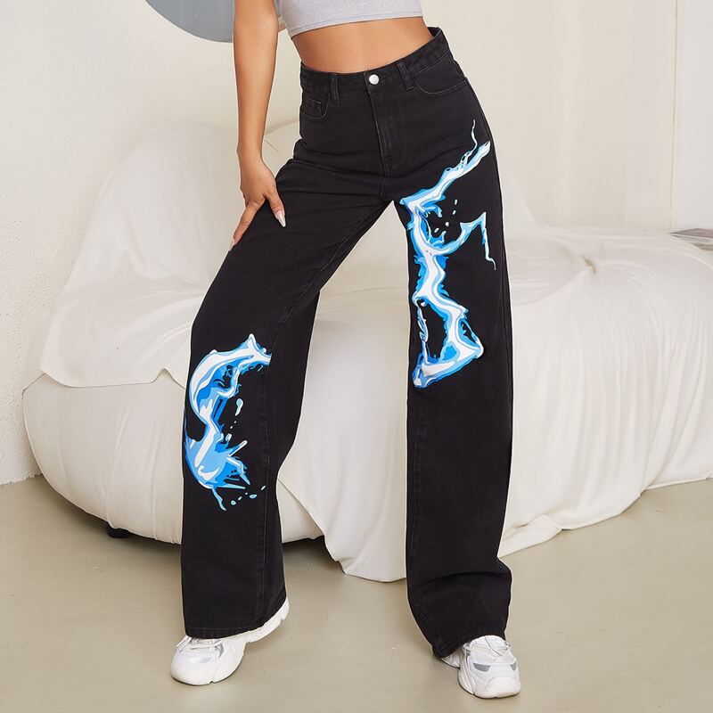 

High Waist Graphic Print Wide Leg Jeans, Black