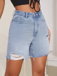 SHEIN EZwear High Waist Ripped Raw Hem Denim Shorts - Light Wash - View 5