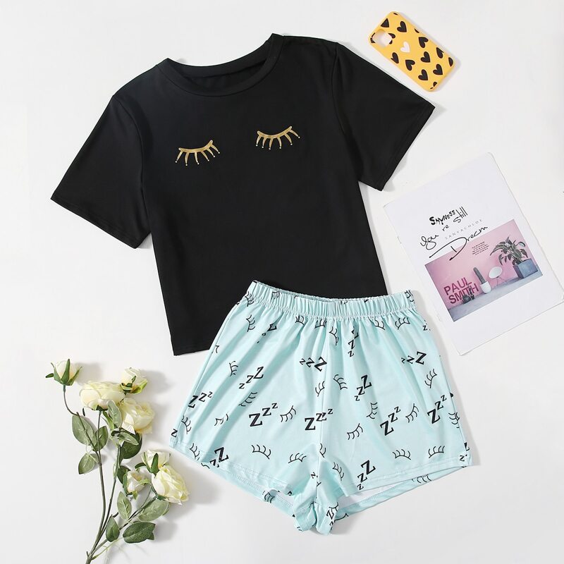 

Eyelash & Letter Graphic PJ Set, Multicolor