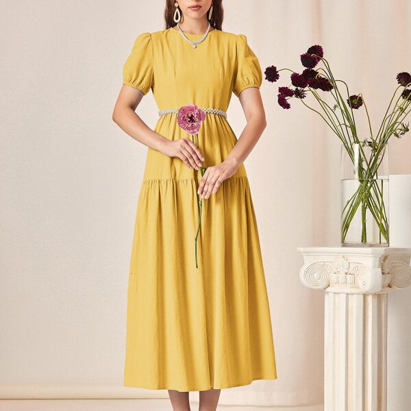 

Solid Puff Sleeve Crew Neck Dress, Yellow