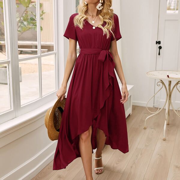 

V-neck Self Tie Wrap A-line Dress, Burgundy
