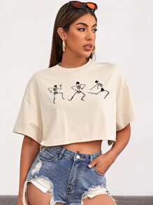 SHEIN EZwear Camiseta Suelta Con Esqueleto Rasgado Impreso En Los Hombros - Albaricoque - Ver 1