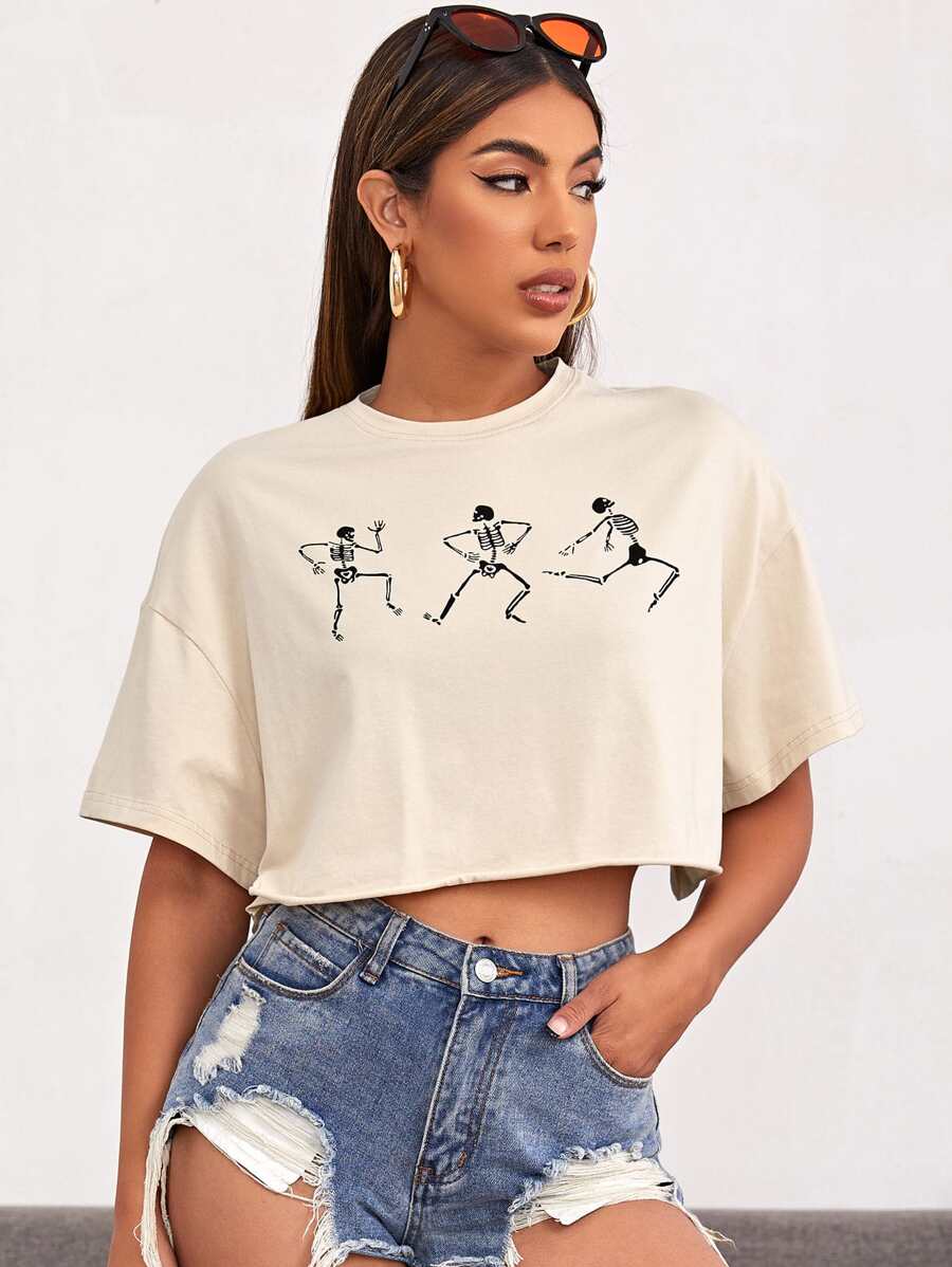 SHEIN EZwear Camiseta Suelta Con Esqueleto Rasgado Impreso En Los Hombros - Albaricoque - Ver 1