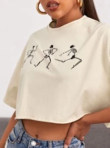 SHEIN EZwear Camiseta Suelta Con Esqueleto Rasgado Impreso En Los Hombros - Albaricoque - Ver 5