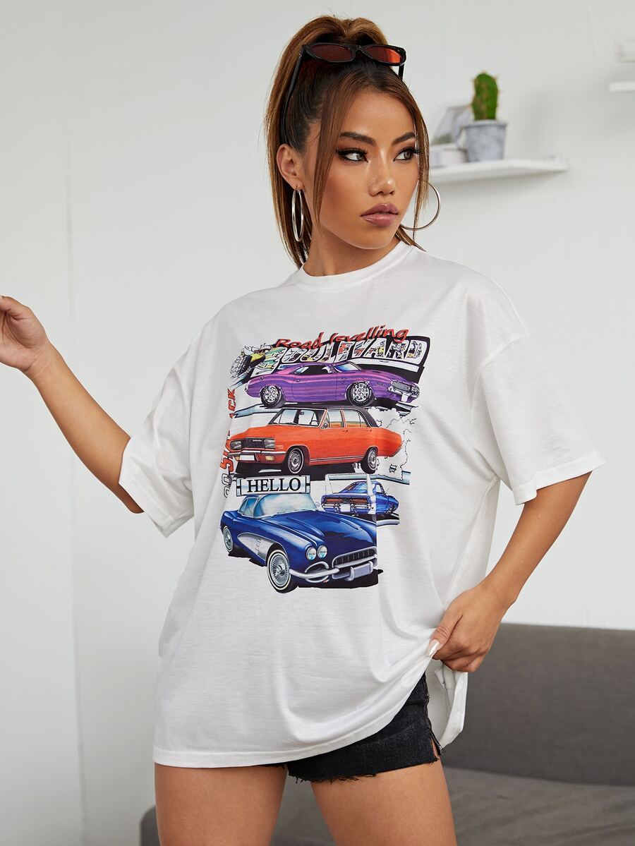 SHEIN Drop Shoulder Car & Letter Graphic Tee - White - View 1