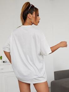 SHEIN Drop Shoulder Car & Letter Graphic Tee - White - View 2