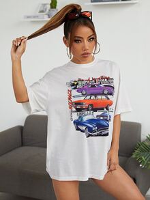 SHEIN Drop Shoulder Car & Letter Graphic Tee - White - View 5