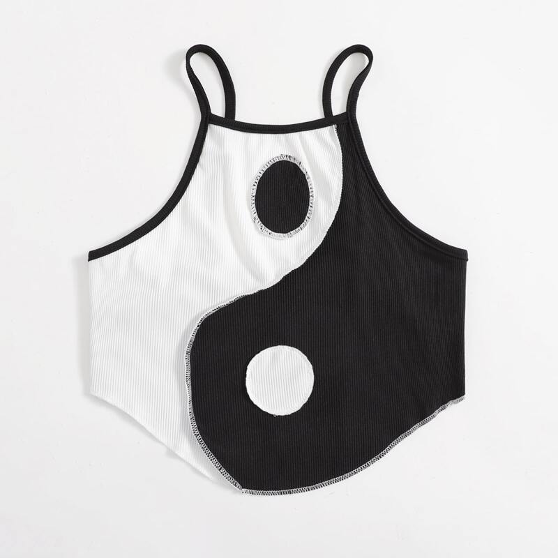 

Yin And Yang Graphic Ribbed Cami, Black and white