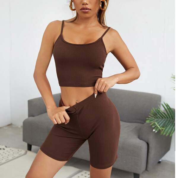 

Rib-knit Crop Cami Top & Biker Shorts Set, Chocolate brown