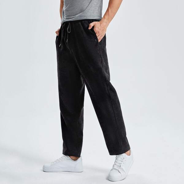 

Men Drawstring Waist Slant Pocket Solid Pants, Black