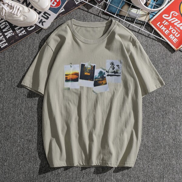 

Men Graphic Print Short Sleeve Tee, Beige